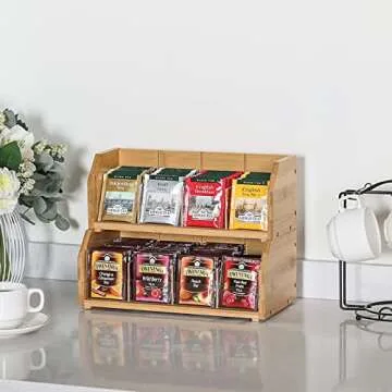 TIOPGHAD Tea Bag 2-Layer Stackable Bamboo Organizer - Wooden Tea Bags Storage Holder Tea Box Contain...