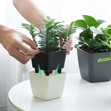 T4U 4 Inch Self Watering Plastic Planter with Liner Pack of 6 - Matte White, Modern Decorative Small Planter Pot for House Plants, Aloe, Herbs, African Violets, Succulents and More