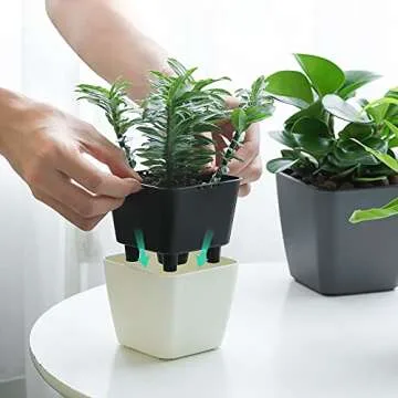 T4U 4 Inch Self Watering Plastic Planter with Liner Pack of 6 - Matte White, Modern Decorative Small Planter Pot for House Plants, Aloe, Herbs, African Violets, Succulents and More