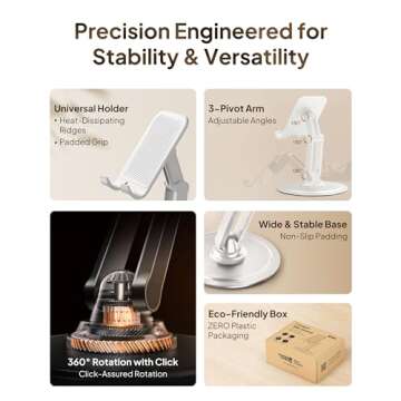 Cooper 360° Stand - Adjustable Cell Phone Stand for Desk | 360° Click-Rotating Mobile Stand, Multi-Angle, Metal Base, Foldable, Portable | Office Phone Stand Desk, Cell Phone Holder Desk (Cream White)