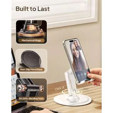 Cooper 360° Stand - Adjustable Cell Phone Stand for Desk | 360° Click-Rotating Mobile Stand, Multi-Angle, Metal Base, Foldable, Portable | Office Phone Stand Desk, Cell Phone Holder Desk (Cream White)