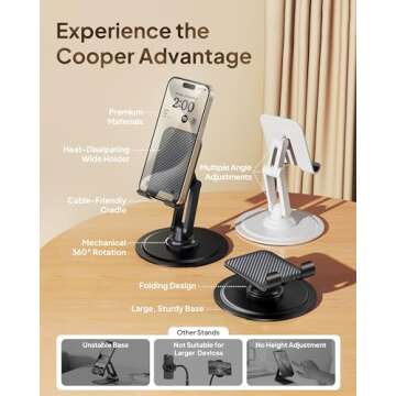 Cooper 360° Stand - Adjustable Cell Phone Stand for Desk | 360° Click-Rotating Mobile Stand, Multi-Angle, Metal Base, Foldable, Portable | Office Phone Stand Desk, Cell Phone Holder Desk (Cream White)