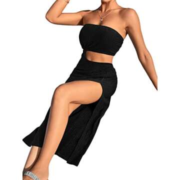 SweatyRocks Women's Strapless Bandeau Tube Split Cut Out Dress Sleeveless Maxi Dresses Black S