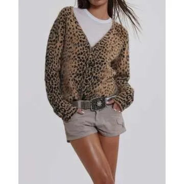 Women Leopard Print Long Sleeve V Neck Button Down Sweater Cardigan Casual Knit Lightweight Fall Win...