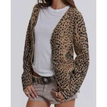 Women Leopard Print Long Sleeve V Neck Button Down Sweater Cardigan Casual Knit Lightweight Fall Winter Outwear Tops Brown