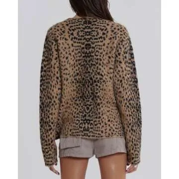 Women Leopard Print Long Sleeve V Neck Button Down Sweater Cardigan Casual Knit Lightweight Fall Winter Outwear Tops Brown