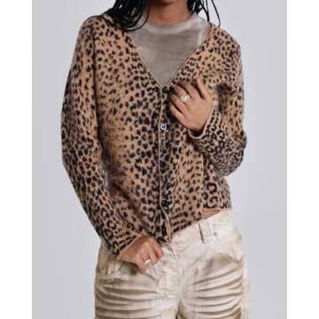 Women Leopard Print Long Sleeve V Neck Button Down Sweater Cardigan Casual Knit Lightweight Fall Winter Outwear Tops Brown