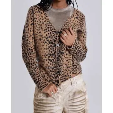 Women Leopard Print Long Sleeve V Neck Button Down Sweater Cardigan Casual Knit Lightweight Fall Winter Outwear Tops Brown