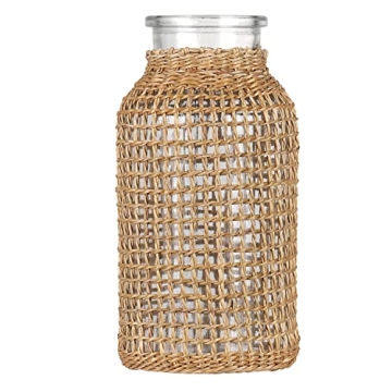 WHJY Boho Glass Vase, Rattan Vase for Floral Arrangements - 6.3 inch