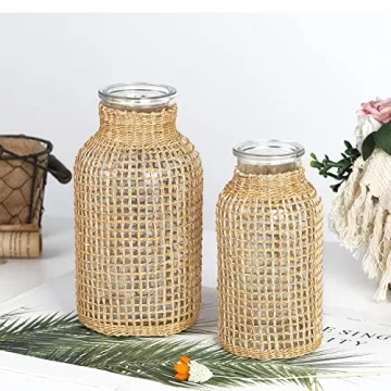 WHJY Boho Glass Vase - Rattan Floral Decor for Home