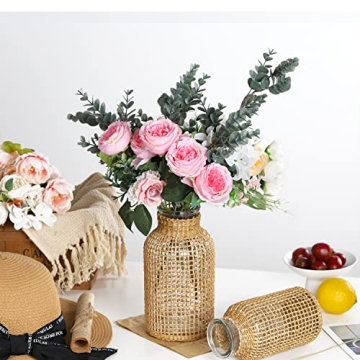 WHJY Boho Glass Vase - Rattan Floral Decor for Home