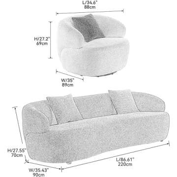 LyuHome Curved Sofa Boucle Couch Luxury 3 Seater Round Sofa with Single Swivel Sofa Chair Modern Sec...