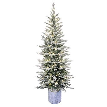 Puleo International Pre-Lit Potted Flocked Arctic Fir Pencil Artifical Artificial Christmas Tree, Green, 301-PTO9760-60LW120