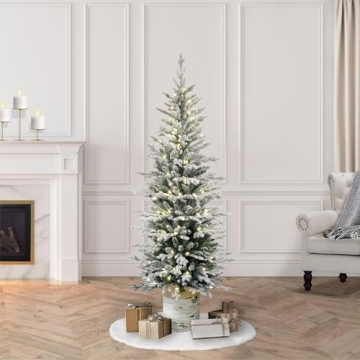 Puleo International Pre-Lit Potted Flocked Arctic Fir Pencil Artifical Artificial Christmas Tree, Green, 301-PTO9760-60LW120