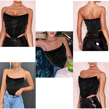 MOALLUOM Mesh Corset Crop Top Bustier Underbust Boned Backless Sleeveless Strapless Off Shoulder Aesthetic Bodyshaper for Women Y2K (Black, 4-6)