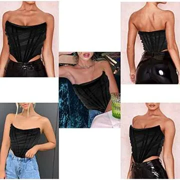 MOALLUOM Mesh Corset Crop Top Bustier Underbust Boned Backless Sleeveless Strapless Off Shoulder Aesthetic Bodyshaper for Women Y2K (Black, 4-6)
