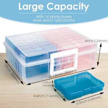 CraftGenes Photo Storage Box, Colorful 16 inner 4''×6'' Picture Storage Containers with Handle for Crafts Scrapbooking Stationery, Seed, Arts Supply&Sewing Supplies(Pink&Blue)