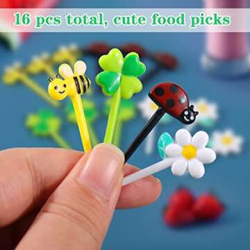 AIERSA Food Picks for Kids Bento Box, 16Pcs Reusable Bees, Daisy, Four Leaf Clover, Ladybug Food Fruit Picks, Lunch Bento Box Accessories for Kids
