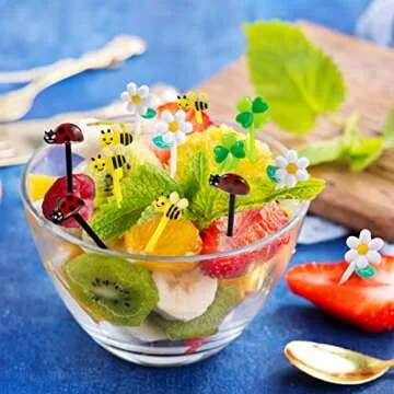 AIERSA Food Picks for Kids Bento Box, 16Pcs Reusable Bees, Daisy, Four Leaf Clover, Ladybug Food Fruit Picks, Lunch Bento Box Accessories for Kids