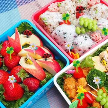 AIERSA Food Picks for Kids Bento Box, 16Pcs Reusable Bees, Daisy, Four Leaf Clover, Ladybug Food Fruit Picks, Lunch Bento Box Accessories for Kids