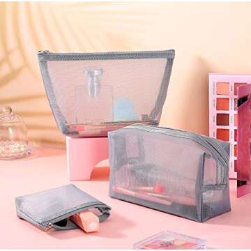 Boao 3 Pieces Mesh Cosmetic Bag Mesh Makeup Bags Zipper Pouch for Offices Travel Accessories, 3 Sizes(Grey)