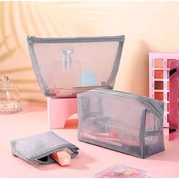 Boao 3 Pieces Mesh Cosmetic Bag Mesh Makeup Bags Zipper Pouch for Offices Travel Accessories, 3 Sizes(Grey)