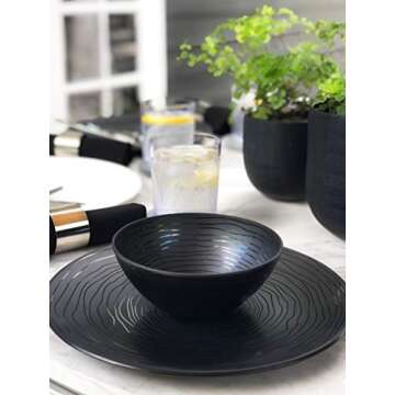 Bzyoo 12 Piece Melamine Dinnerware Set - Durable, Dishwasher Safe Organica Black Plates and Bowls Sets Casual Dish Set for Dining, Outdoor and Kitchen