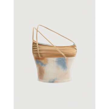 Floerns Women's Tie Dye Spaghetti Strap Cut Out One Shoulder Ruched Crop Cami Top Apricot M