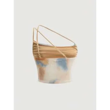 Floerns Women's Tie Dye Spaghetti Strap Cut Out One Shoulder Ruched Crop Cami Top Apricot M