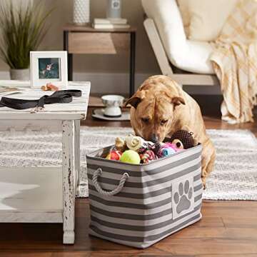 Bone Dry Pet Storage Collection Striped Paw Patch Bin, Medium Rectangle, Gray
