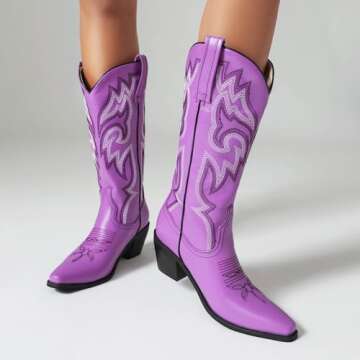 heelchic Womens Embroidered Cowboy Cowgirl Boots Snip Toe Chunky Heel Western Boots Pull On Mid Calf Boots