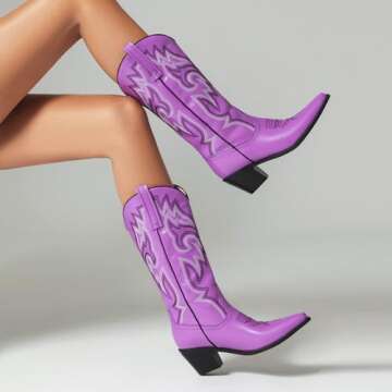 heelchic Womens Embroidered Cowboy Cowgirl Boots Snip Toe Chunky Heel Western Boots Pull On Mid Calf Boots