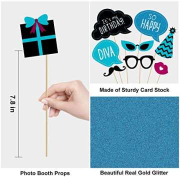 Birthday Photo Booth Props Kit - Happy Birthday Party Favors Supplies Bday Party Decoration Set with Real Glitter Cute Bday Designs for Women or Girls - Easy to Assemble 30 Pieces (Blue)