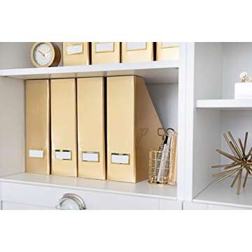 Blu Monaco Foldable Gold Magazine File Holder with Gold Label Holder - Set of 2 Cardboard Magazine Holder Boxes - Gold Desk Accessories