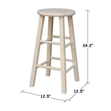 IC International Concepts, Round Top Stool-24" Seat Ht, 12.5"W x 12.5"D x 24"H, Solid Parawood, 24"H, 225 lb Wt. Capacity, Kitchen/Dining, Fully Assembled, DIY, Paint/ Stain In Any Color, Unfinished