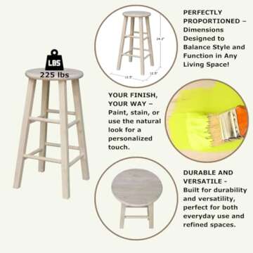 IC International Concepts, Round Top Stool-24" Seat Ht, 12.5"W x 12.5"D x 24"H, Solid Parawood, 24"H, 225 lb Wt. Capacity, Kitchen/Dining, Fully Assembled, DIY, Paint/ Stain In Any Color, Unfinished