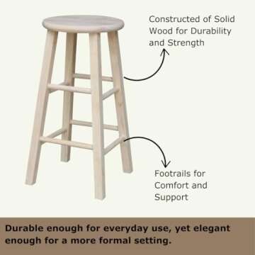 IC International Concepts, Round Top Stool-24" Seat Ht, 12.5"W x 12.5"D x 24"H, Solid Parawood, 24"H, 225 lb Wt. Capacity, Kitchen/Dining, Fully Assembled, DIY, Paint/ Stain In Any Color, Unfinished