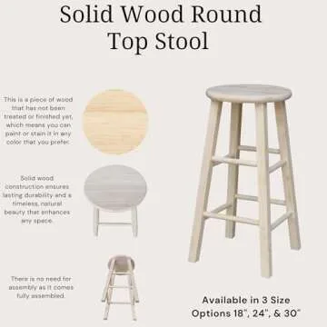 IC International Concepts, Round Top Stool-24" Seat Ht, 12.5"W x 12.5"D x 24"H, Solid Parawood, 24"H, 225 lb Wt. Capacity, Kitchen/Dining, Fully Assembled, DIY, Paint/ Stain In Any Color, Unfinished