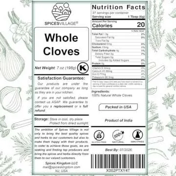 Spices Village Whole Cloves, All Natural Dried Clove Buds, 7 Ounces, Kosher, Gluten Free, Non GMO, Whole Seeds Great for Food, Tea, Potpourri, KETO Friendly, Resealable Bulk Bag [Package may Vary]