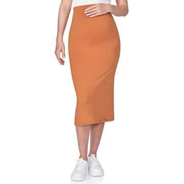 POSHDIVAH Women's Maternity Skirt Over The Belly Midi High Waisted Solid Stretchy Pregnancy Pencil Skirt Camel Medium