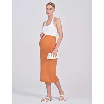 POSHDIVAH Women's Maternity Skirt Over The Belly Midi High Waisted Solid Stretchy Pregnancy Pencil Skirt Camel Medium