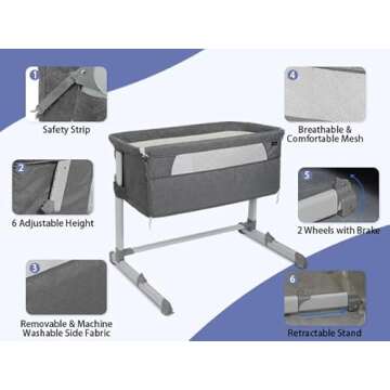 PEARLOVE 3 in 1 Baby Bassinet Bedside Sleeper, Bedside Crib with 6-Position Adjustable, Comfy Mattress and Wheels, Baby Crib for Newborn, Portable Bassinet Easy Folding