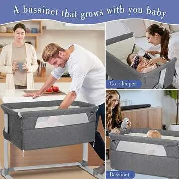 PEARLOVE 3 in 1 Baby Bassinet Bedside Sleeper, Bedside Crib with 6-Position Adjustable, Comfy Mattress and Wheels, Baby Crib for Newborn, Portable Bassinet Easy Folding