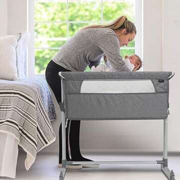 PEARLOVE 3 in 1 Baby Bassinet Bedside Sleeper, Bedside Crib with 6-Position Adjustable, Comfy Mattress and Wheels, Baby Crib for Newborn, Portable Bassinet Easy Folding
