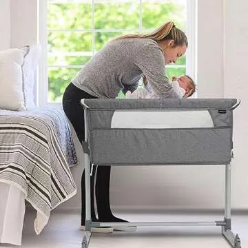 PEARLOVE 3 in 1 Baby Bassinet Bedside Sleeper, Bedside Crib with 6-Position Adjustable, Comfy Mattress and Wheels, Baby Crib for Newborn, Portable Bassinet Easy Folding