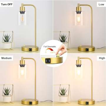Gold Industrial Table Lamp with 2 USB Charging Ports, Fully Stepless Dimmable Modern Nightstand Lamp, Glass Shade Bedside Desk Lamp for Bedroom Living Room Office, 6W 2700K LED Edison Bulb Included