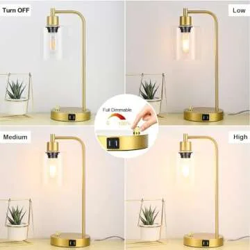 Gold Industrial Table Lamp with 2 USB Charging Ports, Fully Stepless Dimmable Modern Nightstand Lamp, Glass Shade Bedside Desk Lamp for Bedroom Living Room Office, 6W 2700K LED Edison Bulb Included