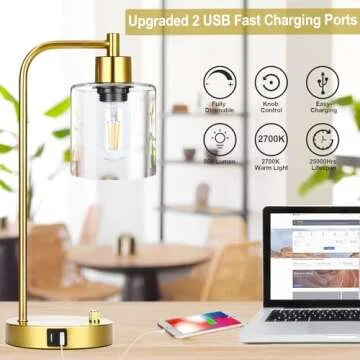 Gold Industrial Table Lamp with 2 USB Charging Ports, Fully Stepless Dimmable Modern Nightstand Lamp, Glass Shade Bedside Desk Lamp for Bedroom Living Room Office, 6W 2700K LED Edison Bulb Included