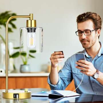 Gold Industrial Table Lamp with 2 USB Charging Ports, Fully Stepless Dimmable Modern Nightstand Lamp, Glass Shade Bedside Desk Lamp for Bedroom Living Room Office, 6W 2700K LED Edison Bulb Included