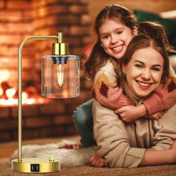 Gold Industrial Table Lamp with 2 USB Charging Ports, Fully Stepless Dimmable Modern Nightstand Lamp, Glass Shade Bedside Desk Lamp for Bedroom Living Room Office, 6W 2700K LED Edison Bulb Included